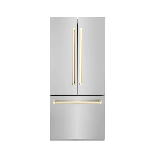 ZLINE 36” Autograph Edition 19.6 cu. ft. Built-in 2-Door Bottom Freezer Refrigerator with Internal Water and Ice Dispenser in Stainless Steel with Gold Accents RBIVZ-304-36-G - Farmhouse Kitchen and Bath