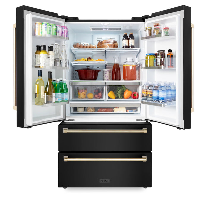ZLINE 36" Autograph Edition 22.5 cu. ft Freestanding French Door Refrigerator with Ice Maker in Fingerprint Resistant Black Stainless Steel with Gold Accents RFMZ-36-BS-G - Farmhouse Kitchen and Bath