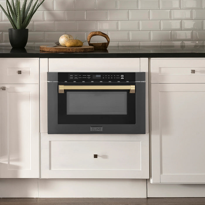 ZLINE Autograph Edition 24" 1.2 cu. ft. Built-in Microwave Drawer in Black Stainless Steel and Champagne Bronze Accents MWDZ-1-BS-H-CB - Farmhouse Kitchen and Bath