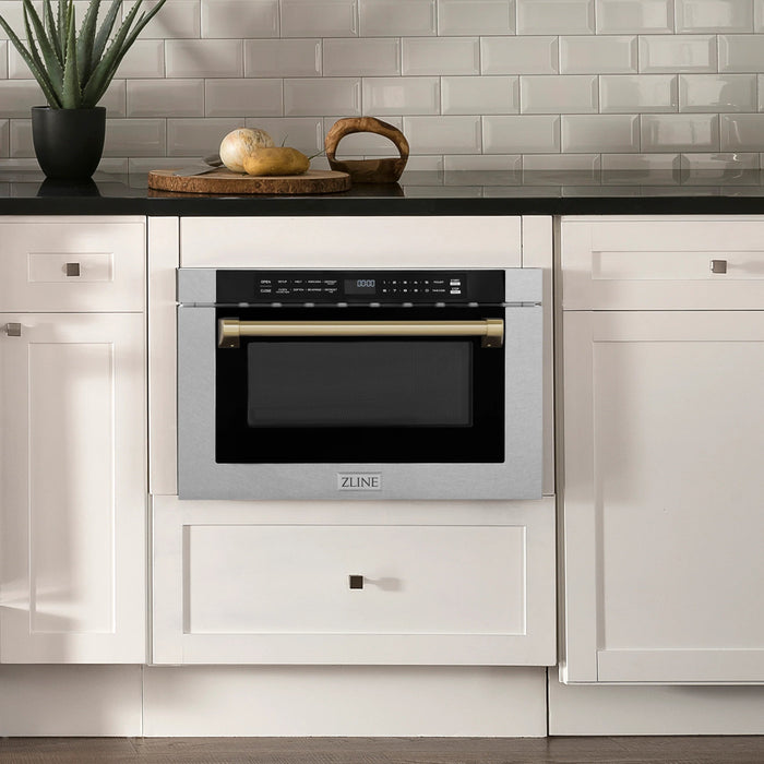 ZLINE Autograph Edition 24" 1.2 cu. ft. Built-in Microwave Drawer with a Traditional Handle in Fingerprint Resistant Stainless Steel and Champagne Bronze Accents MWDZ-1-SS-H-CB - Farmhouse Kitchen and Bath