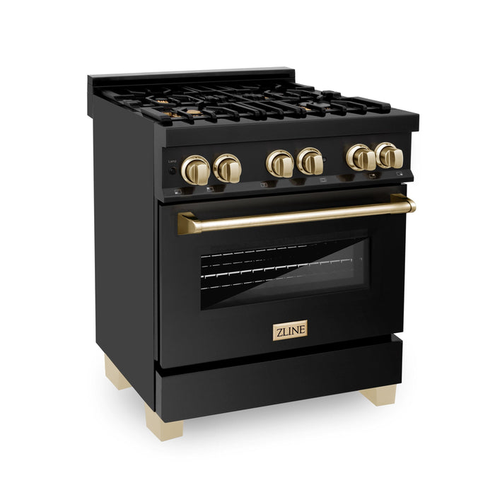 ZLINE 30" Autograph Gas Range, Black Stainless, Gold Accents, RGBZ-30-G - Farmhouse Kitchen and Bath