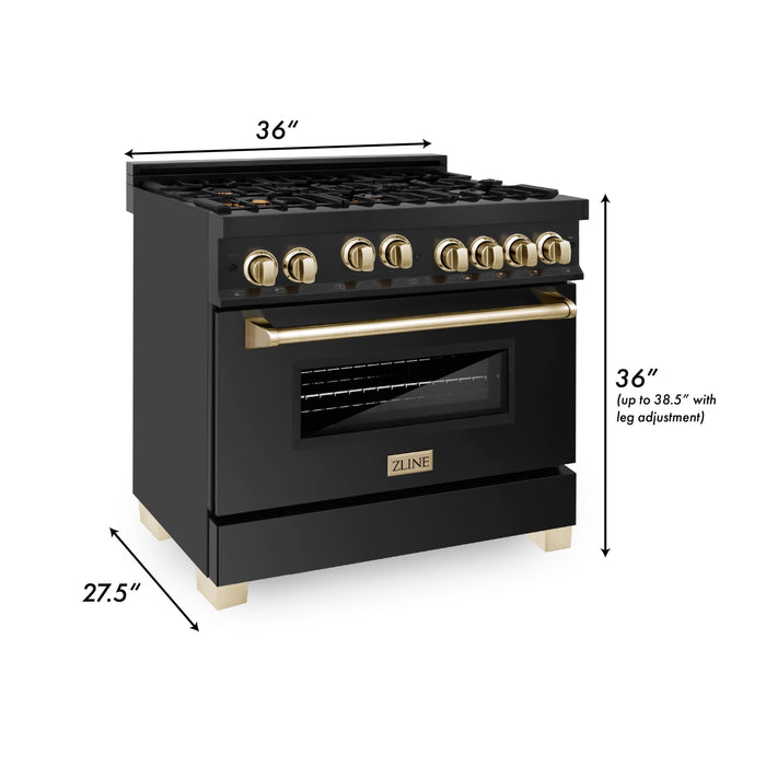 ZLINE 36" Autograph Gas Range, Black Stainless, Gold Accents, RGBZ-36-G - Farmhouse Kitchen and Bath