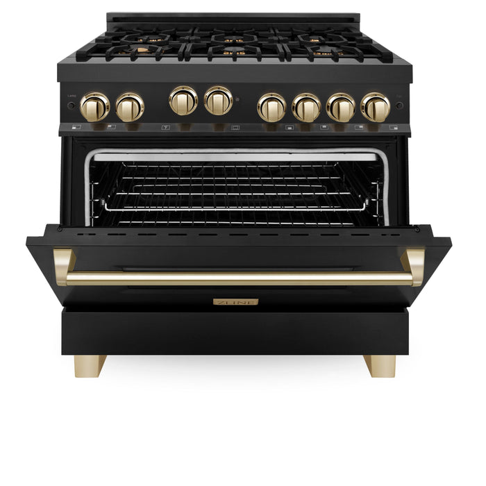 ZLINE 36" Autograph Gas Range, Black Stainless, Gold Accents, RGBZ-36-G - Farmhouse Kitchen and Bath