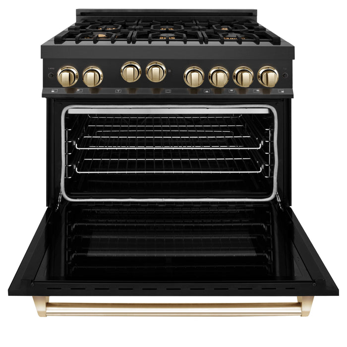 ZLINE 36" Autograph Gas Range, Black Stainless, Gold Accents, RGBZ-36-G - Farmhouse Kitchen and Bath