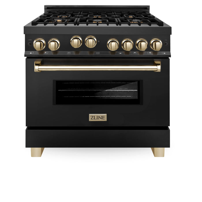 ZLINE 36" Autograph Gas Range, Black Stainless, Gold Accents, RGBZ-36-G - Farmhouse Kitchen and Bath