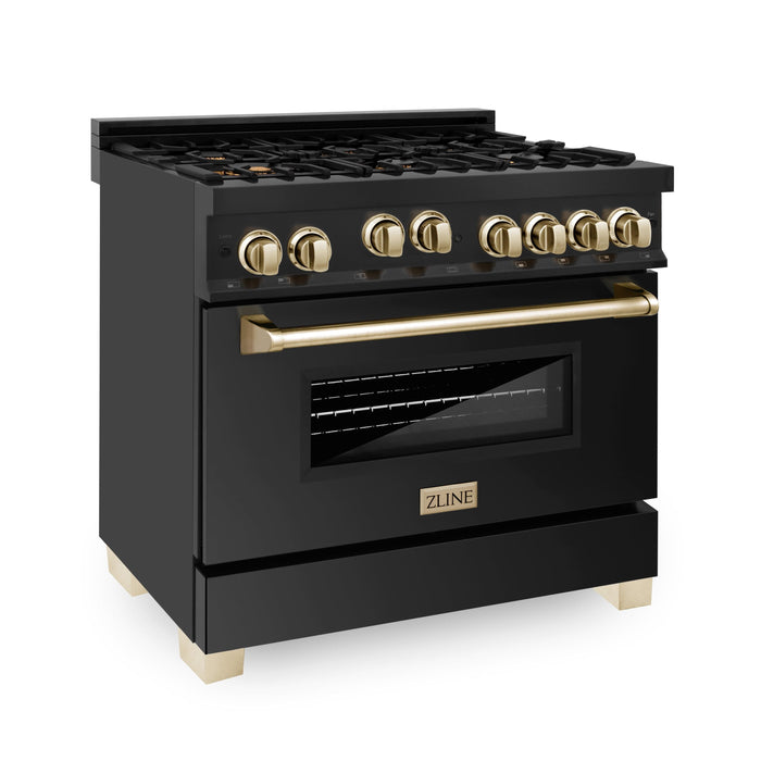 ZLINE 36" Autograph Gas Range, Black Stainless, Gold Accents, RGBZ-36-G - Farmhouse Kitchen and Bath