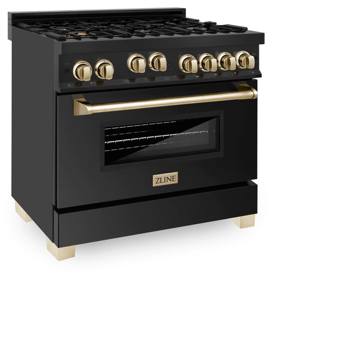 ZLINE 36" Autograph Gas Range, Black Stainless, Gold Accents, RGBZ-36-G - Farmhouse Kitchen and Bath
