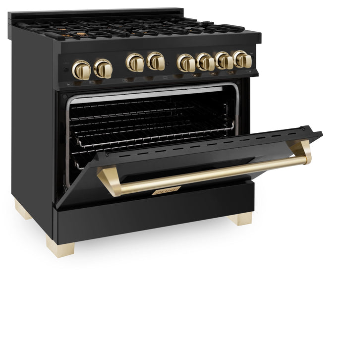 ZLINE 36" Autograph Gas Range, Black Stainless, Gold Accents, RGBZ-36-G - Farmhouse Kitchen and Bath