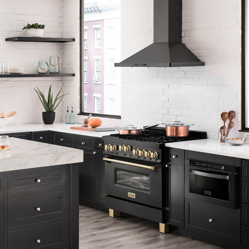 ZLINE 36" Autograph Gas Range, Black Stainless, Gold Accents, RGBZ-36-G - Farmhouse Kitchen and Bath