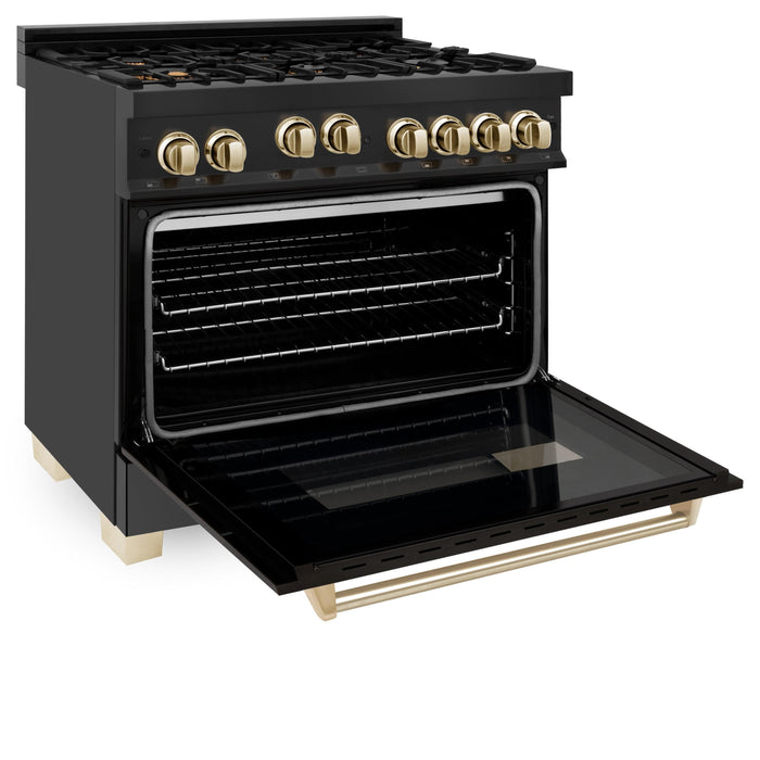 ZLINE 36" Autograph Gas Range, Black Stainless, Gold Accents, RGBZ-36-G - Farmhouse Kitchen and Bath