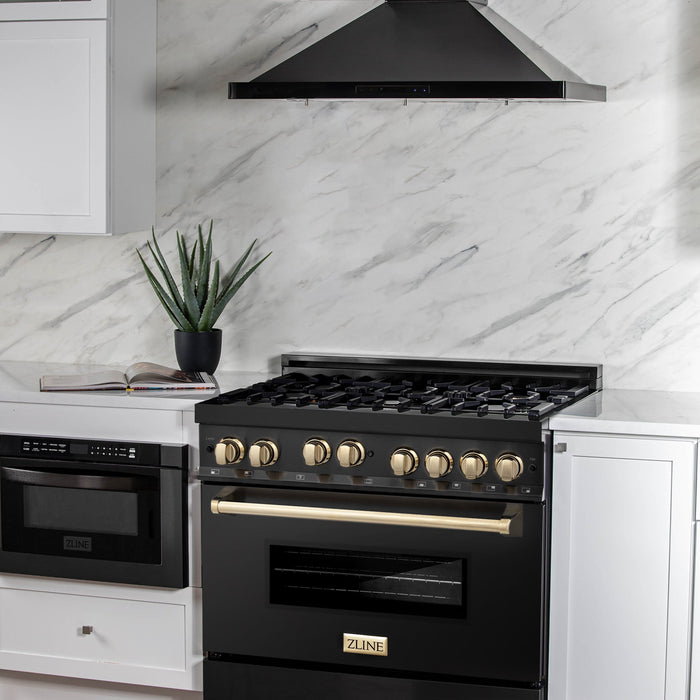 ZLINE 36" Autograph Gas Range, Black Stainless, Gold Accents, RGBZ-36-G - Farmhouse Kitchen and Bath
