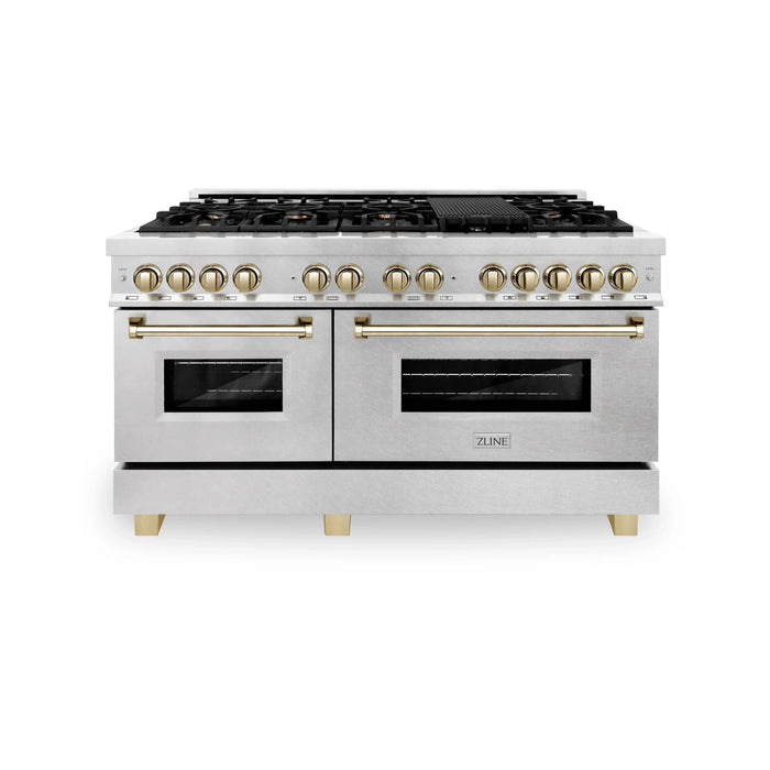 ZLINE Autograph Edition 60" 7.4 cu. ft. Dual Fuel Range with Gas Stove and Electric Oven in DuraSnow Stainless Steel with Accents RASZ-60-G - Farmhouse Kitchen and Bath