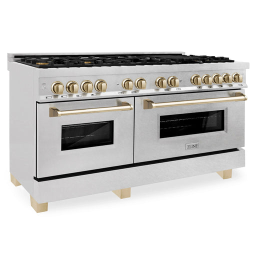 ZLINE Autograph Edition 60" 7.4 cu. ft. Dual Fuel Range with Gas Stove and Electric Oven in DuraSnow Stainless Steel with Accents RASZ-60-G - Farmhouse Kitchen and Bath