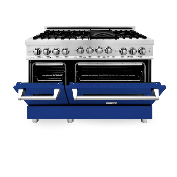 ZLINE 48" Gas on Gas Range in Stainless, Blue Gloss Door, RG-BG-48 - Farmhouse Kitchen and Bath