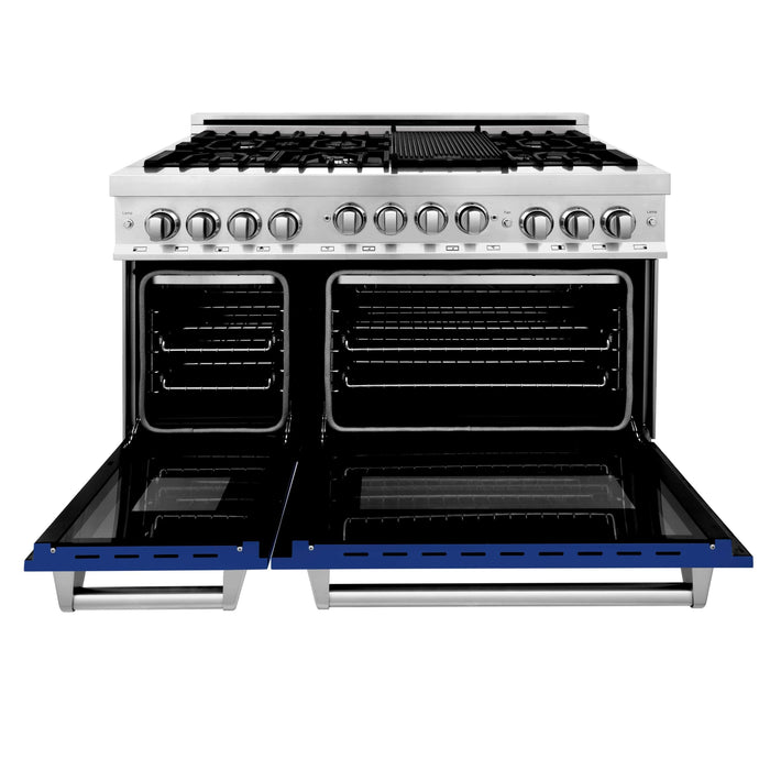 ZLINE 48" Gas on Gas Range in Stainless, Blue Gloss Door, RG-BG-48 - Farmhouse Kitchen and Bath