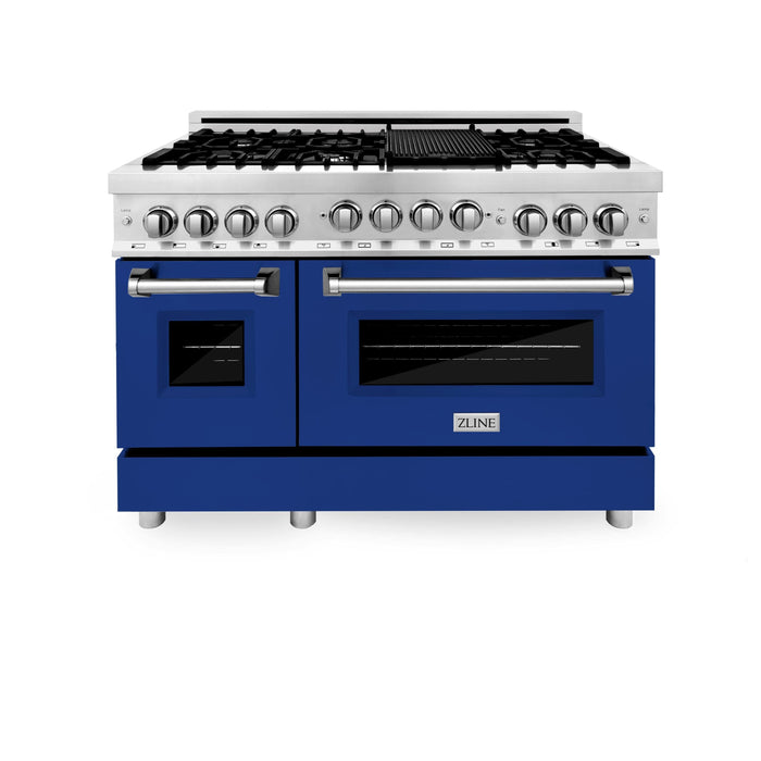 ZLINE 48" Gas on Gas Range in Stainless, Blue Gloss Door, RG-BG-48 - Farmhouse Kitchen and Bath