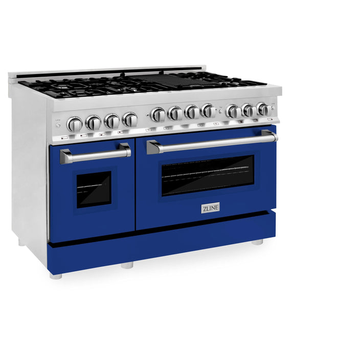 ZLINE 48" Gas on Gas Range in Stainless, Blue Gloss Door, RG-BG-48 - Farmhouse Kitchen and Bath