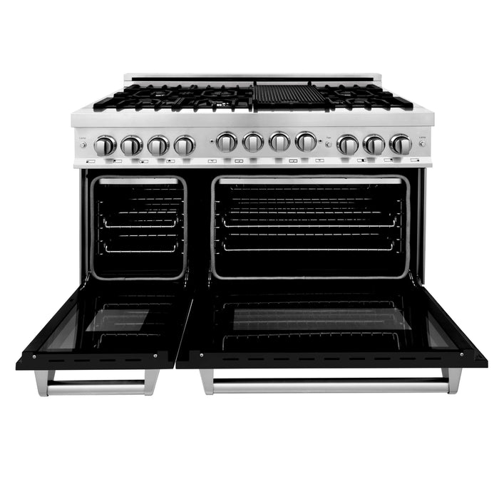 ZLINE 48" Gas on Gas Range in Stainless, Black Matt Doors, RG-BLM-48 - Farmhouse Kitchen and Bath