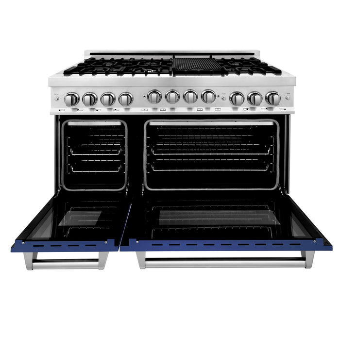 ZLINE 48" Gas on Gas Range in Stainless, Blue Matt Doors, RG-BM-48 - Farmhouse Kitchen and Bath