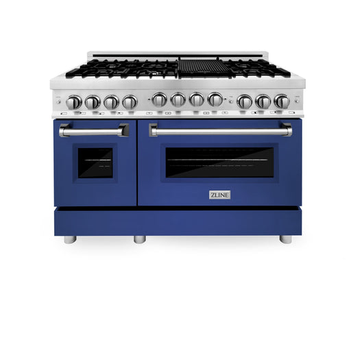 ZLINE 48" Gas on Gas Range in Stainless, Blue Matt Doors, RG-BM-48 - Farmhouse Kitchen and Bath