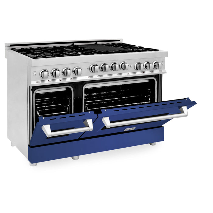 ZLINE 48" Gas on Gas Range in Stainless, Blue Matt Doors, RG-BM-48 - Farmhouse Kitchen and Bath