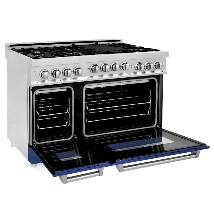 ZLINE 48" Gas on Gas Range in Stainless, Blue Matt Doors, RG-BM-48 - Farmhouse Kitchen and Bath