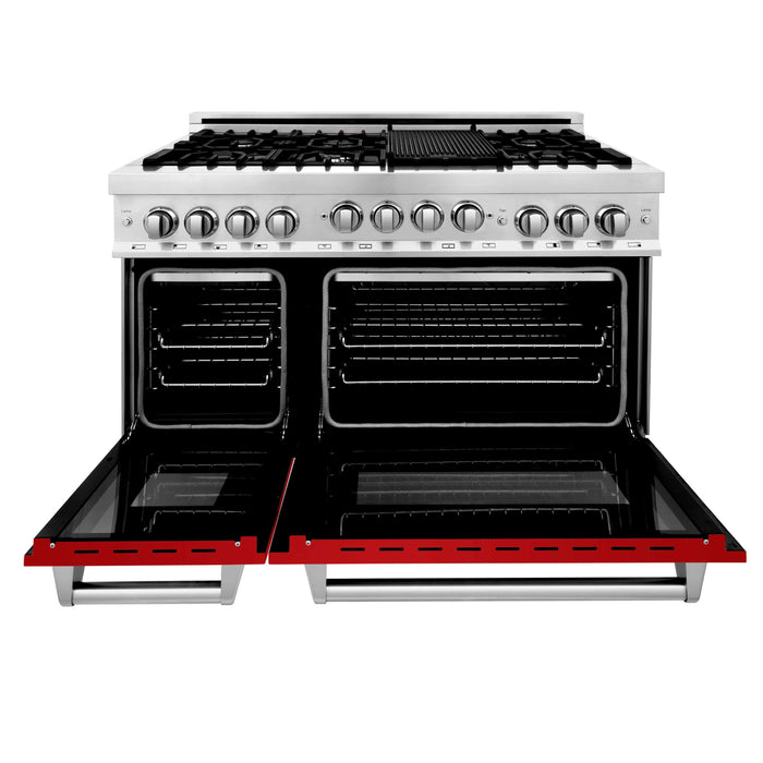 ZLINE 48" Gas on Gas Range in Stainless, Red Gloss Doors, RG-RG-48 - Farmhouse Kitchen and Bath