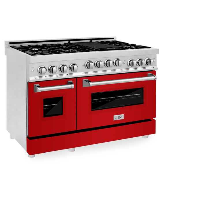 ZLINE 48" Gas on Gas Range in Stainless, Red Gloss Doors, RG-RG-48 - Farmhouse Kitchen and Bath