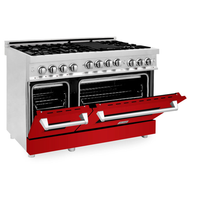 ZLINE 48" Gas on Gas Range in Stainless, Red Gloss Doors, RG-RG-48 - Farmhouse Kitchen and Bath