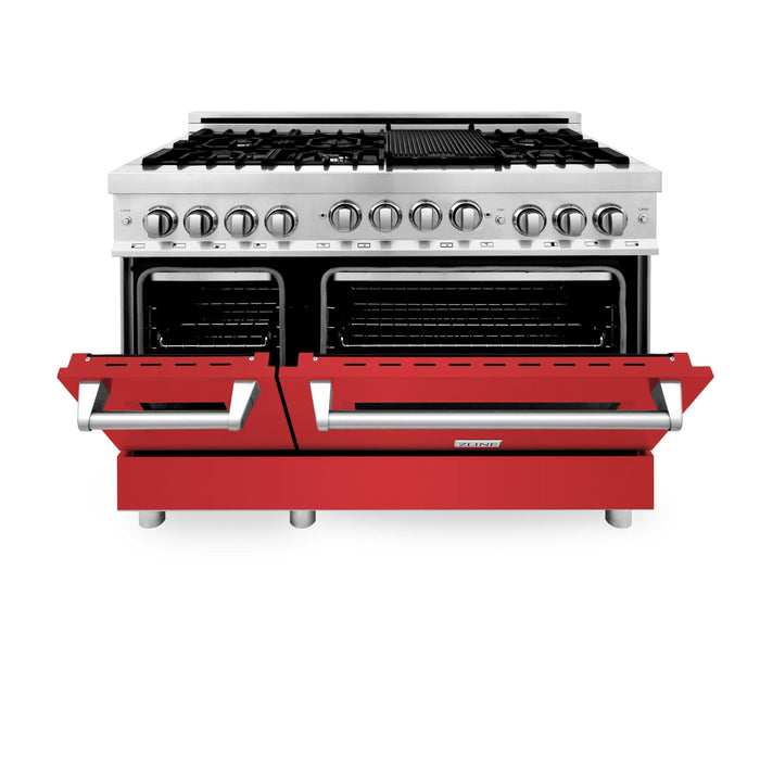 ZLINE 48" Gas on Gas Range in Stainless, Red Matt Doors, RG-RM-48 - Farmhouse Kitchen and Bath