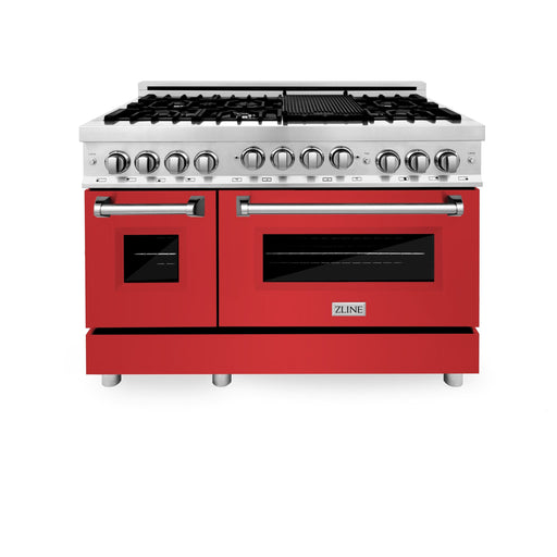 ZLINE 48" Gas on Gas Range in Stainless, Red Matt Doors, RG-RM-48 - Farmhouse Kitchen and Bath