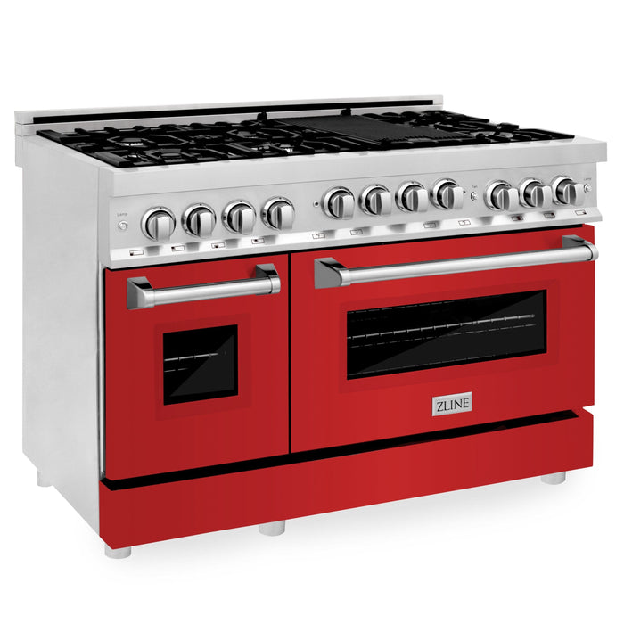 ZLINE 48" Gas on Gas Range in Stainless, Red Matt Doors, RG-RM-48 - Farmhouse Kitchen and Bath