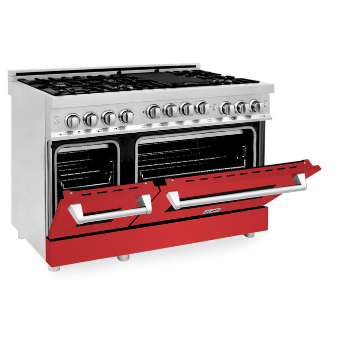 ZLINE 48" Gas on Gas Range in Stainless, Red Matt Doors, RG-RM-48 - Farmhouse Kitchen and Bath