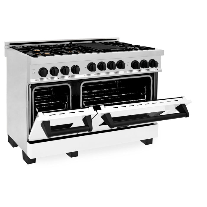 ZLINE 48" Autograph Gas Range, White Door, Black accent, RGZ-WM-48-MB - Farmhouse Kitchen and Bath