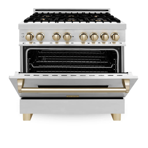 ZLINE Autograph Edition 36" 4.6 cu. ft. Dual Fuel Range with Gas Stove and Electric Oven in Stainless Steel with Accents RAZ-36-G - Farmhouse Kitchen and Bath
