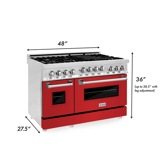 ZLINE 48" Gas on Gas Range in Stainless, Red Matt Doors, RG-RM-48 - Farmhouse Kitchen and Bath