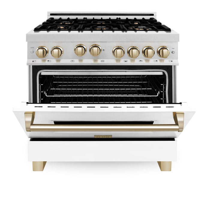 ZLINE 36" Autograph Gas Range, DuraSnow, White Door, Gold RGSZ-WM-36-G - Farmhouse Kitchen and Bath