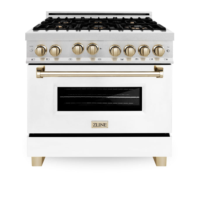 ZLINE 36" Autograph Gas Range, DuraSnow, White Door, Gold RGSZ-WM-36-G - Farmhouse Kitchen and Bath