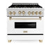 ZLINE 36" Autograph Gas Range, DuraSnow, White Door, Gold RGSZ-WM-36-G - Farmhouse Kitchen and Bath