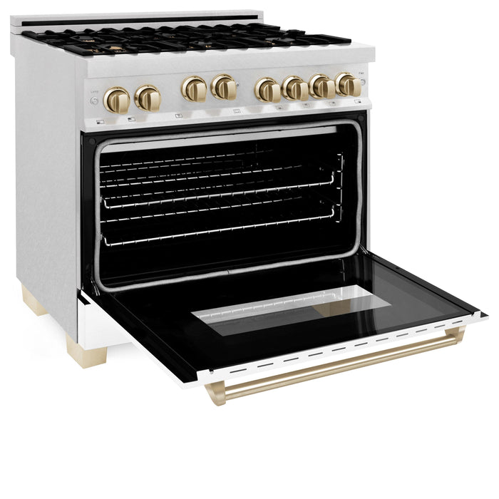 ZLINE 36" Autograph Gas Range, DuraSnow, White Door, Gold RGSZ-WM-36-G - Farmhouse Kitchen and Bath