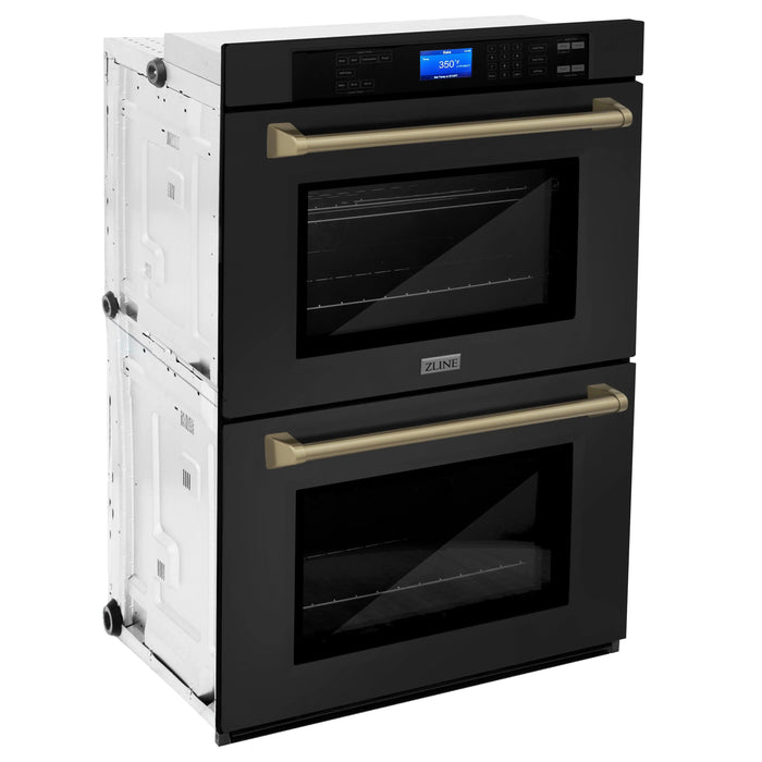 ZLINE 30" Autograph Edition Double Wall Oven with Self Clean and True Convection in Black Stainless Steel Champagne Bronze Accent AWDZ-30-BS-CB - Farmhouse Kitchen and Bath