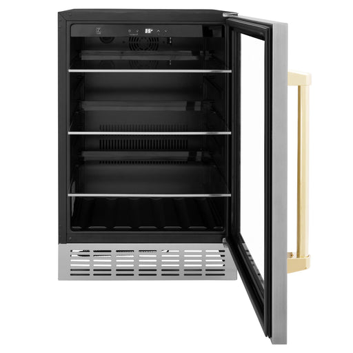 ZLINE 24" Autograph Edition 154 Can Beverage Cooler Fridge with Adjustable Shelves in Stainless Steel with Gold Accents RBVZ-US-24-G - Farmhouse Kitchen and Bath