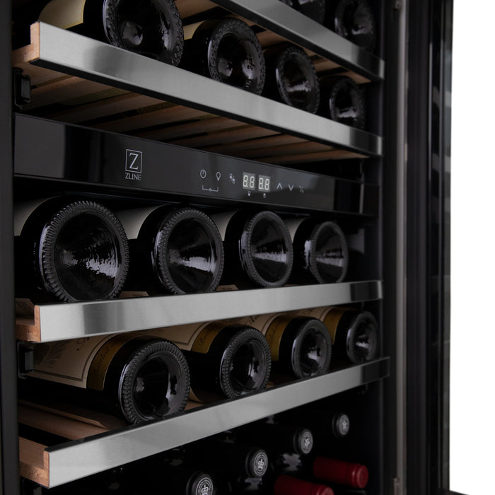 ZLINE 24" Autograph Edition Dual Zone 44-Bottle Wine Cooler in Stainless Steel with Wood Shelf and Champagne Bronze Accents RWV-UD-24-CB - Farmhouse Kitchen and Bath