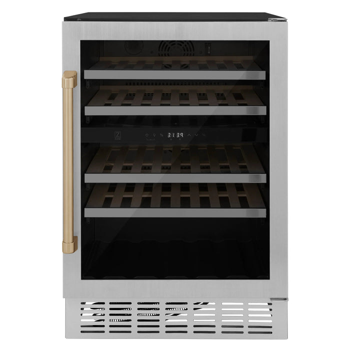 ZLINE 24" Autograph Edition Dual Zone 44-Bottle Wine Cooler in Stainless Steel with Wood Shelf and Champagne Bronze Accents RWV-UD-24-CB - Farmhouse Kitchen and Bath