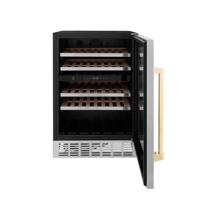 ZLINE 24" Autograph Edition Dual Zone 44-Bottle Wine Cooler in Stainless Steel with Wood Shelf and Gold Accents RWVZ-UD-24-G - Farmhouse Kitchen and Bath