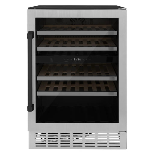 ZLINE 24" Autograph Edition Dual Zone 44-Bottle Wine Cooler in Stainless Steel with Wood Shelf and Matte Black Accents RWVZ-UD-24-MB - Farmhouse Kitchen and Bath