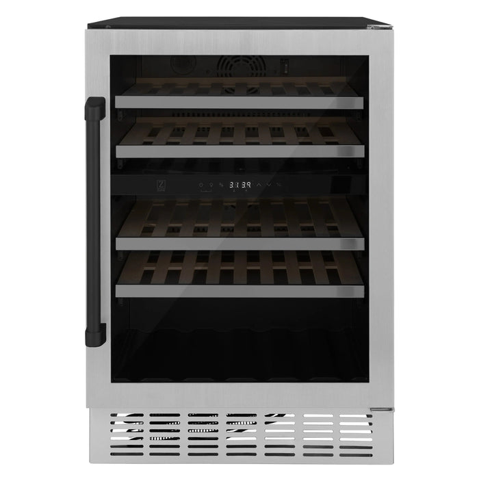 ZLINE 24" Autograph Edition Dual Zone 44-Bottle Wine Cooler in Stainless Steel with Wood Shelf and Gold Accents RWVZ-UD-24-G - Farmhouse Kitchen and Bath