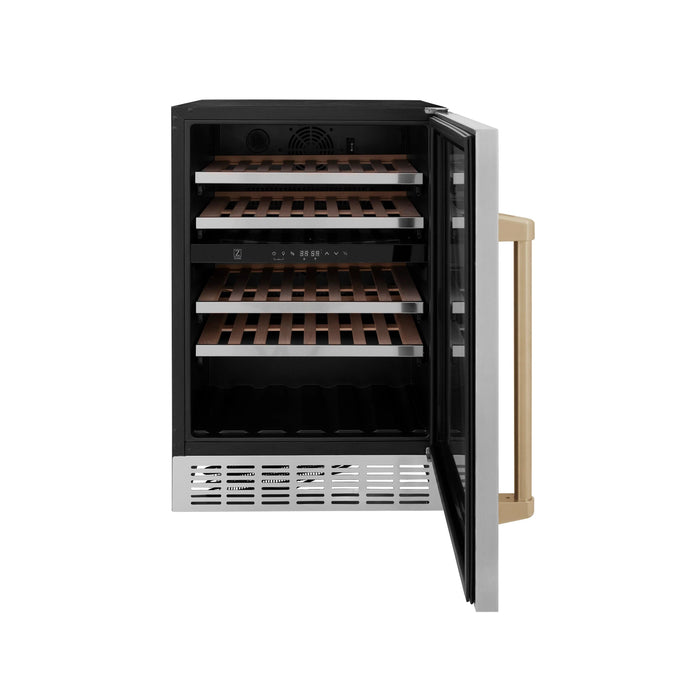 ZLINE 24" Autograph Edition Dual Zone 44-Bottle Wine Cooler in Stainless Steel with Wood Shelf and Champagne Bronze Accents RWV-UD-24-CB - Farmhouse Kitchen and Bath