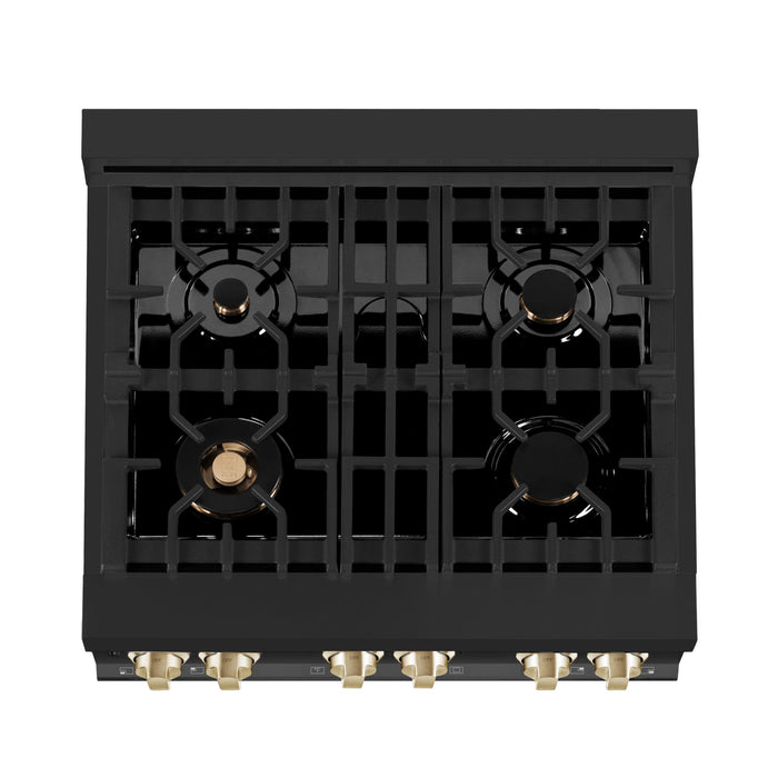 ZLINE 30" Autograph Gas Range, Black Stainless, Gold Accents, RGBZ-30-G - Farmhouse Kitchen and Bath
