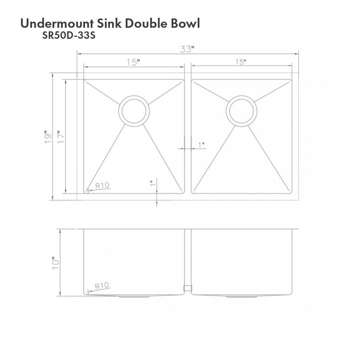 ZLINE 33" Undermount Double Bowl Sink Stainless Steel, SR50D-33S - Farmhouse Kitchen and Bath